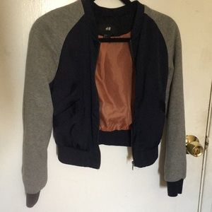 H&M Navy Satin and Gray Women’s Bomber Jacket Size 2 Petite HM H and M
